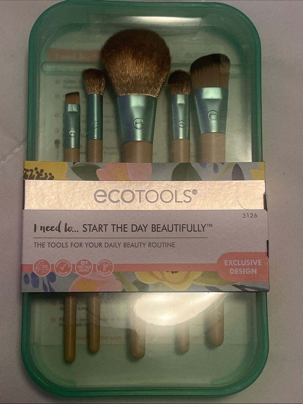 ecotools Teal and Natural Wood 5-Piece Makeup Brush Set NWT